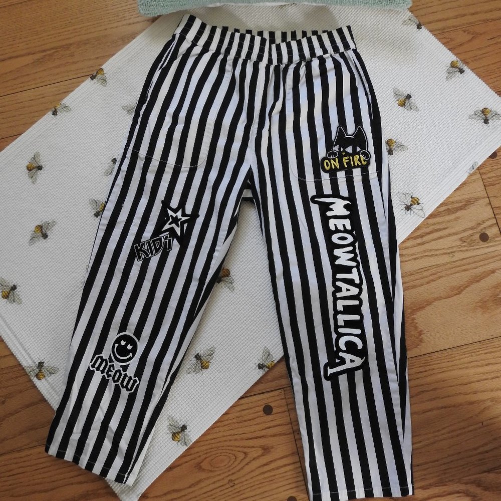 Meowtallica Black & White Striped Pants Small